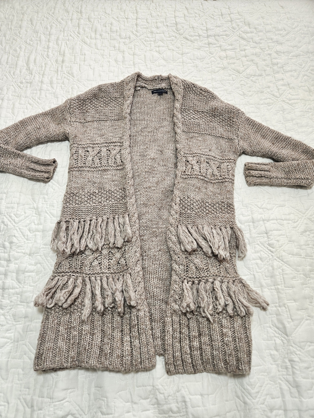 American Eagle Outfitters Taupe Fringe Knit Open-Front Cardigan